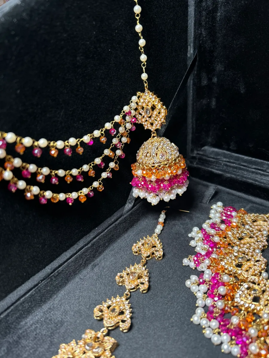 Hot Pink, White & Orange necklace Mehndi set, with heavily beaded earrings & tikka - Jewelsbyrani