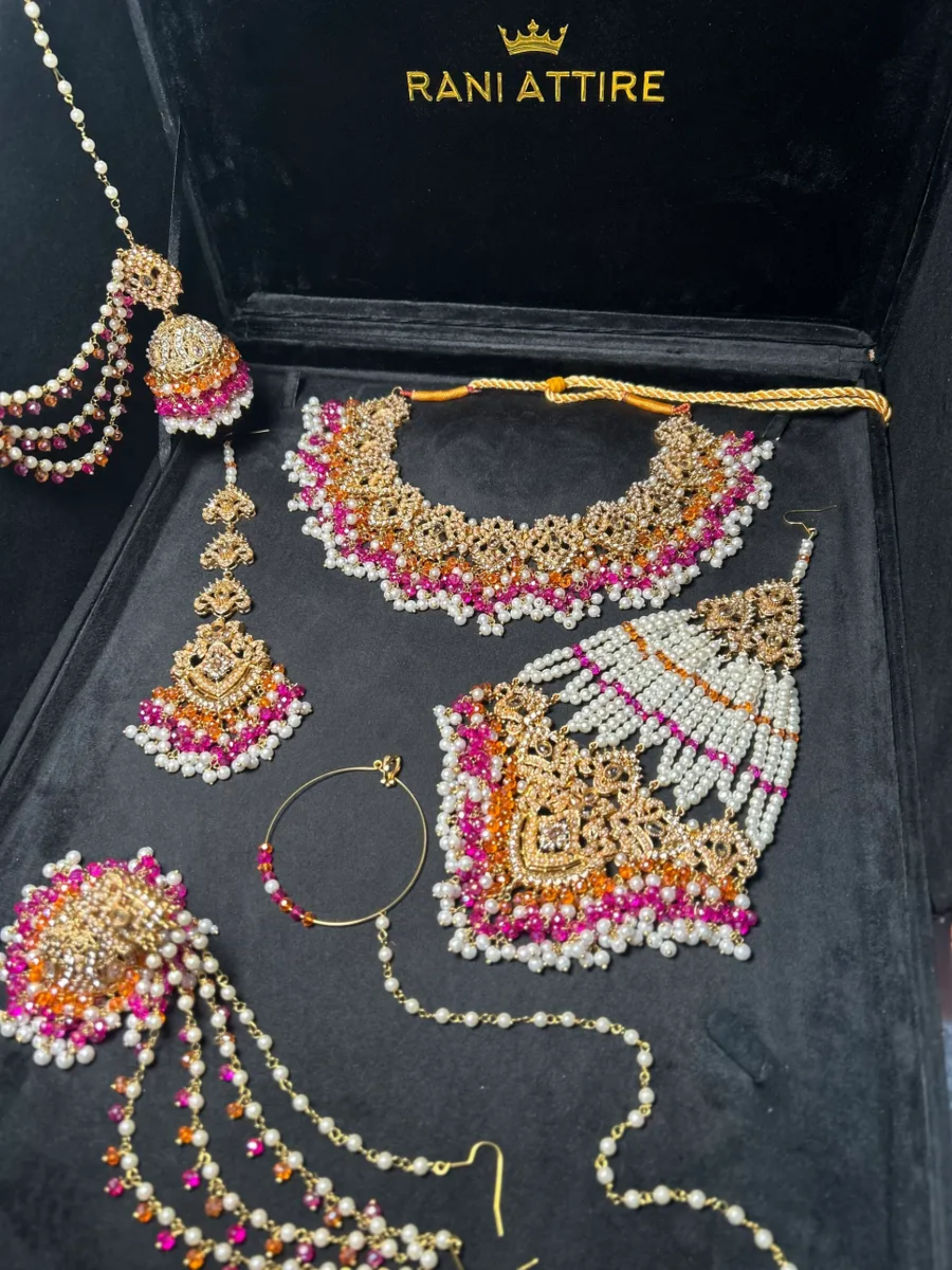 Hot Pink, White & Orange necklace Mehndi set, with heavily beaded earrings & tikka