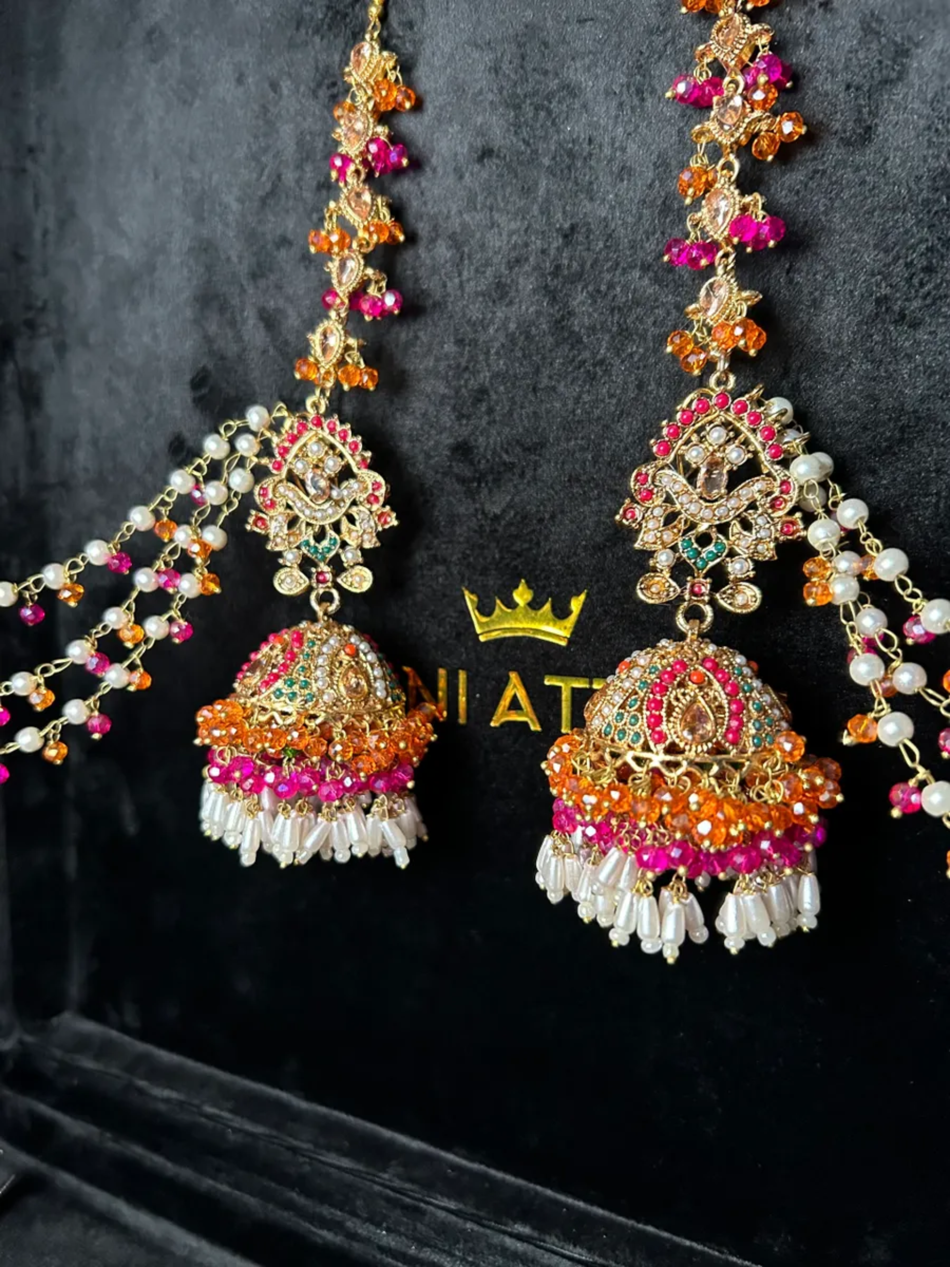 Gold stones Hot pink & Orange Multi Coloured Jhumkies