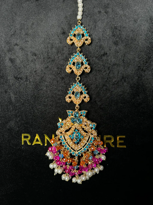 Blue stones Multi heavily beaded tikka. - Jewelsbyrani