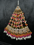 Gold stones, Orange, Green & Hot Pink Multi Coloured heavily beaded jhumar - Jewelsbyrani