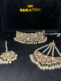 Gold & White Pearly Necklace, Jhumar & Tikka (no Jhumkes) - Jewelsbyrani