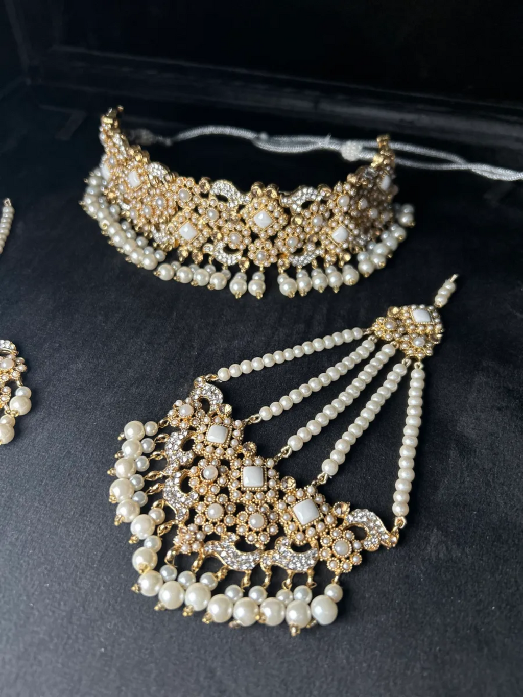 Gold & White Pearly Necklace, Jhumar & Tikka (no Jhumkes) - Jewelsbyrani