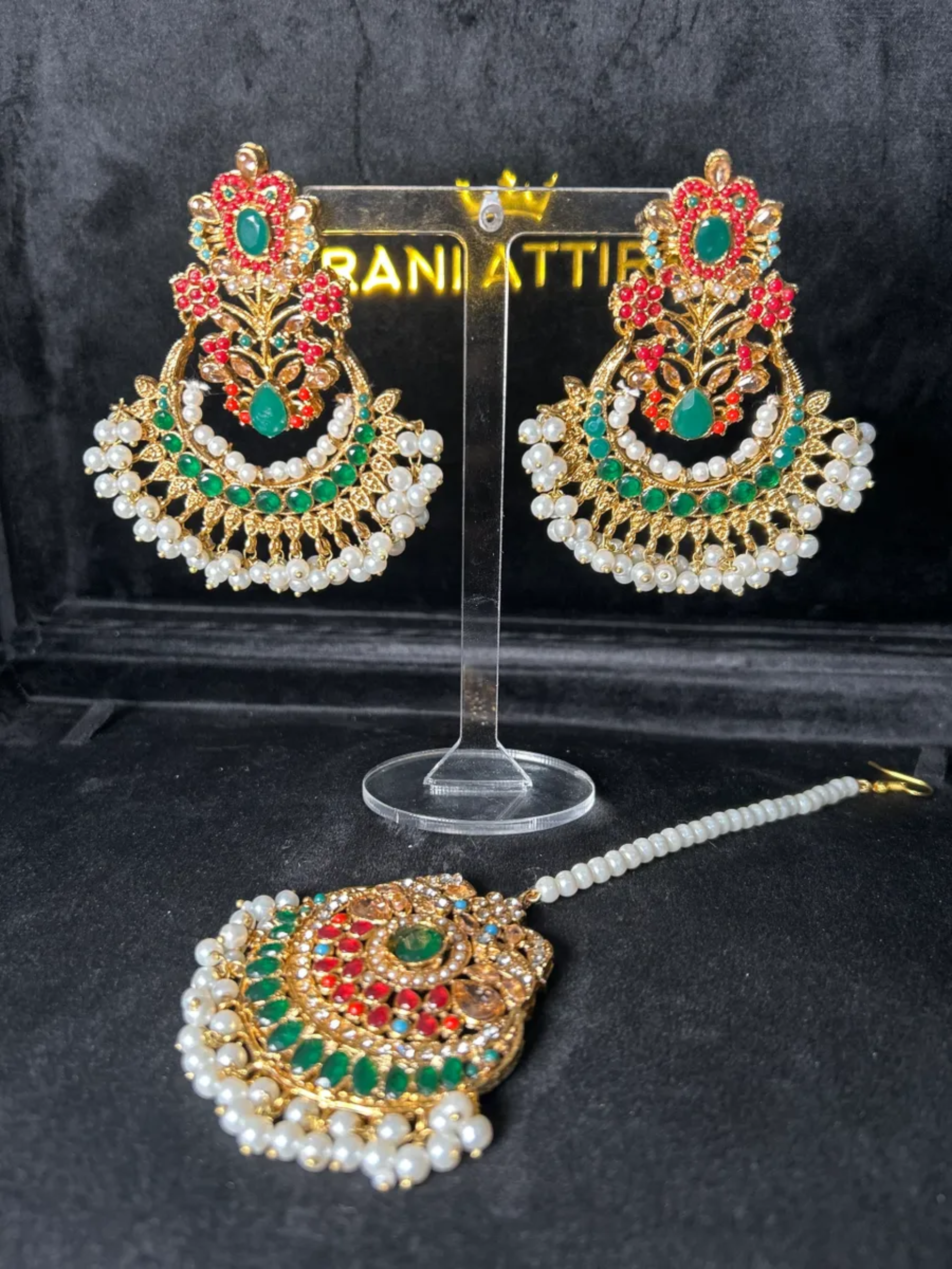 Green Multi Beautiful Chandelier Earrings & Tikka