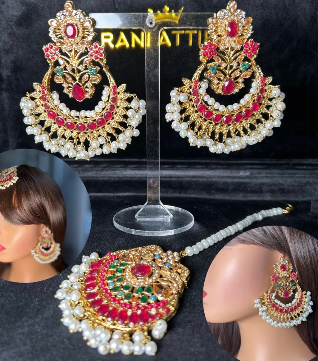 Multi Beautiful Earrings & Tikka | Pink stones - Jewelsbyrani