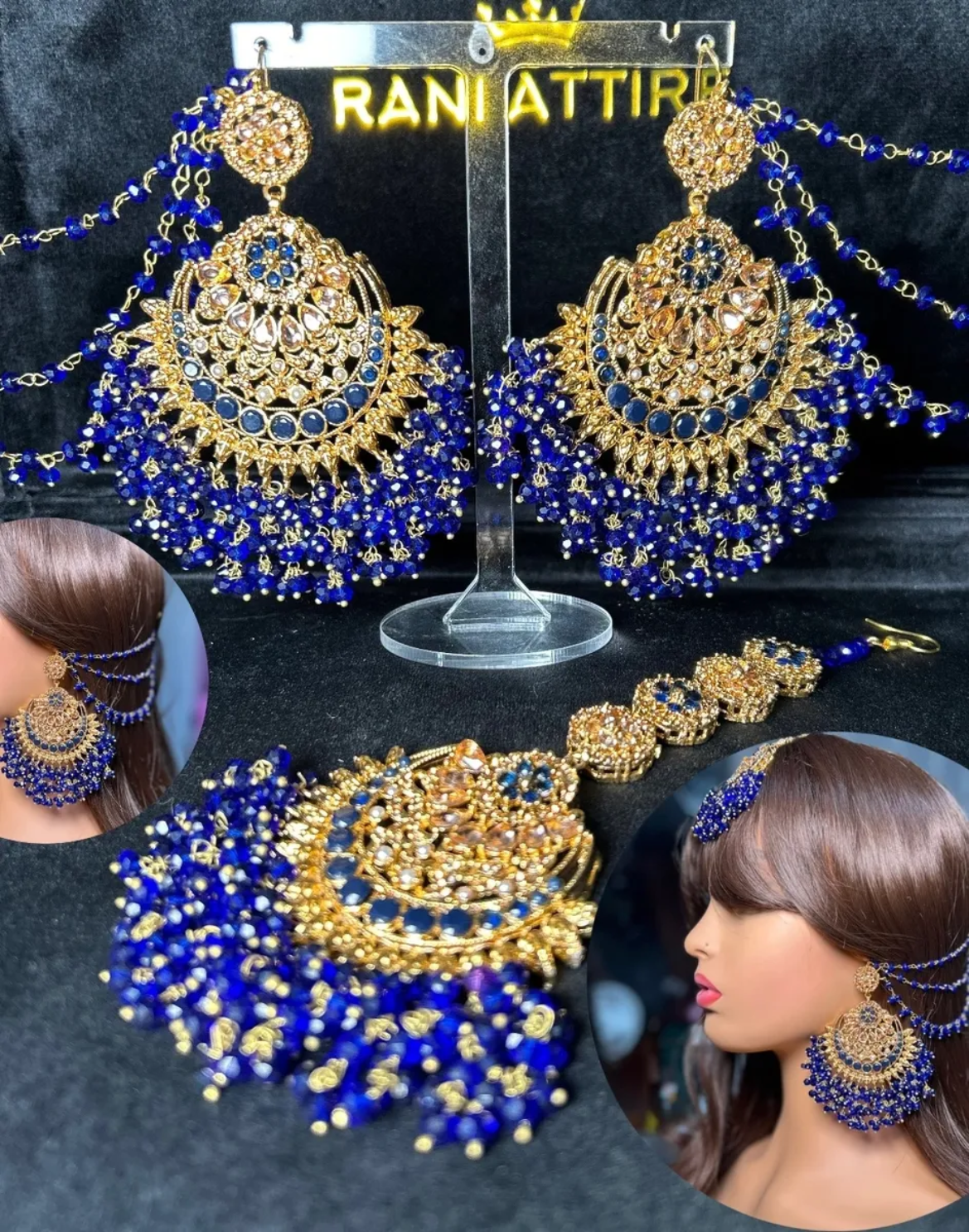 Royal Blue & Gold Beautiful Chandelier Earrings & Tikka | Gold & Royal Blue stones