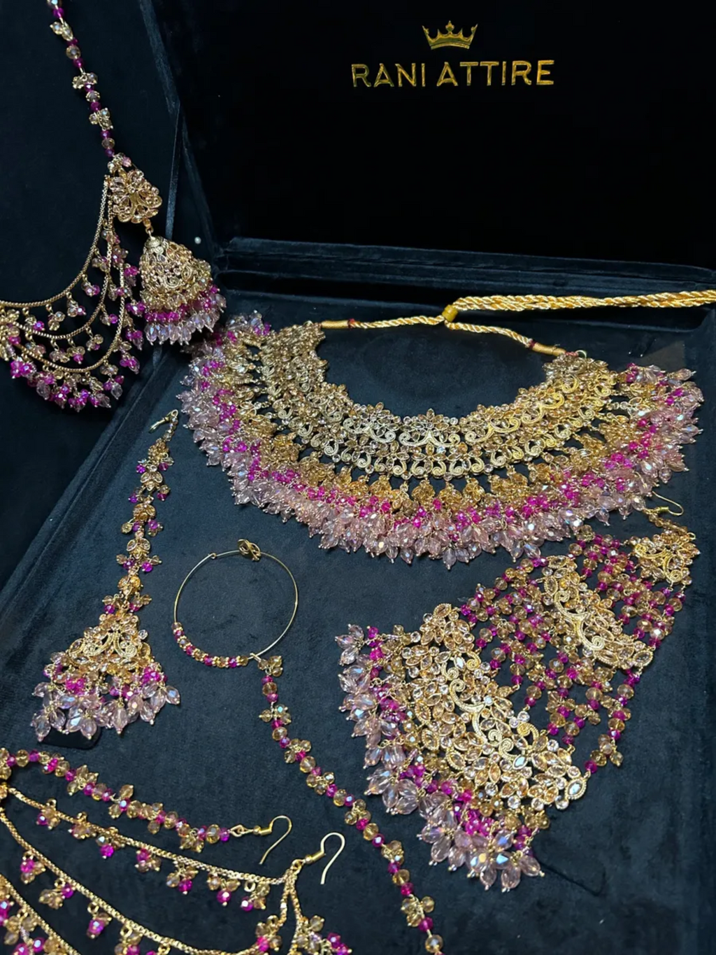 Luxury Hot & Baby Pink Gold Necklace set, with heavily beaded earrings & tikka. - Jewelsbyrani