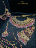 Luxury Hot & Baby Pink Gold Necklace set, with heavily beaded earrings & tikka. - Jewelsbyrani