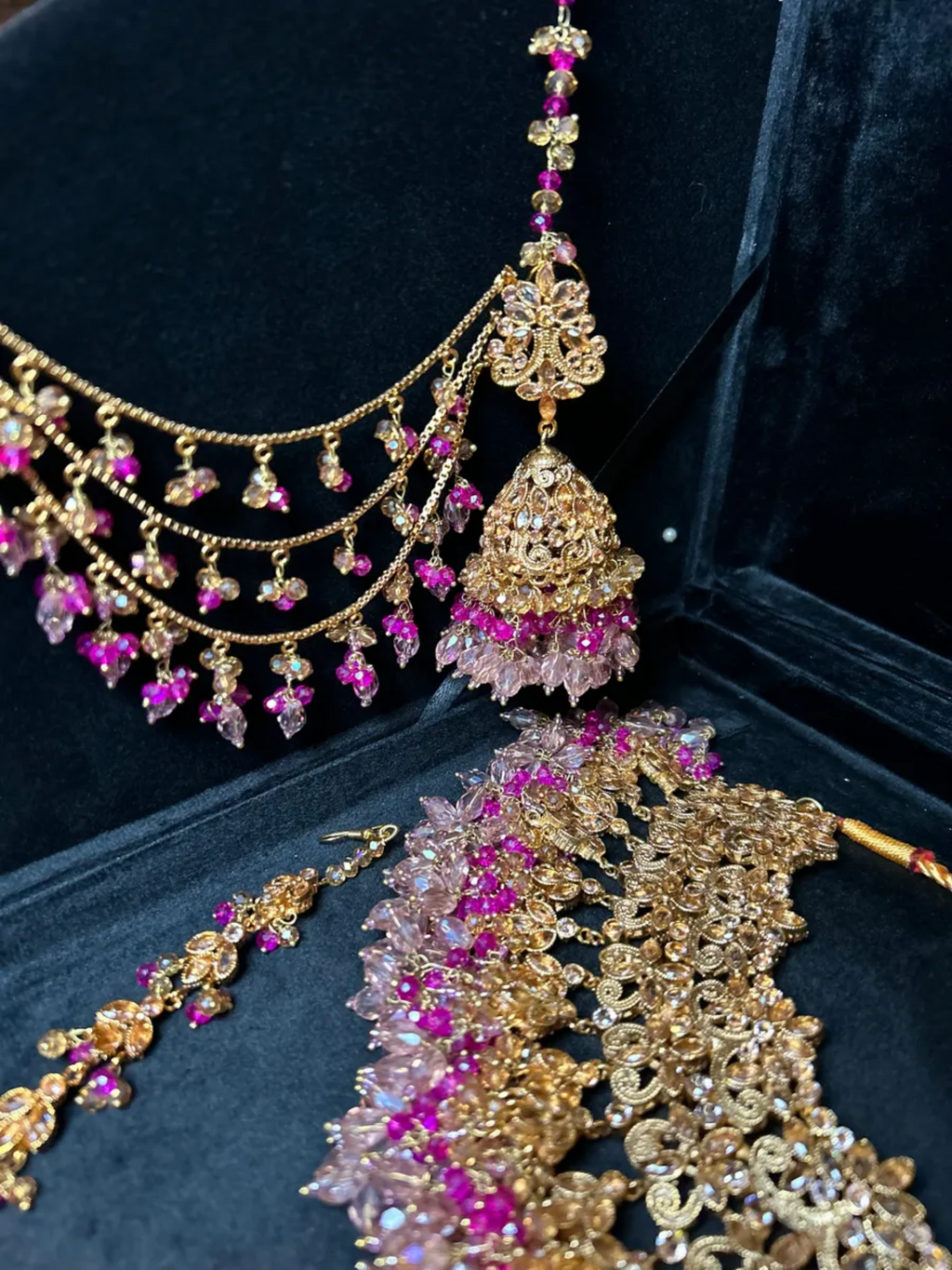 Luxury Hot & Baby Pink Gold Necklace set, with heavily beaded earrings & tikka. - Jewelsbyrani