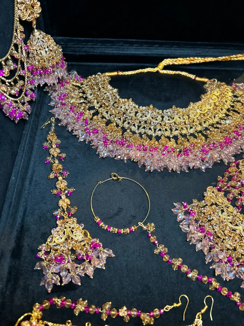Luxury Hot & Baby Pink Gold Necklace set, with heavily beaded earrings & tikka. - Jewelsbyrani