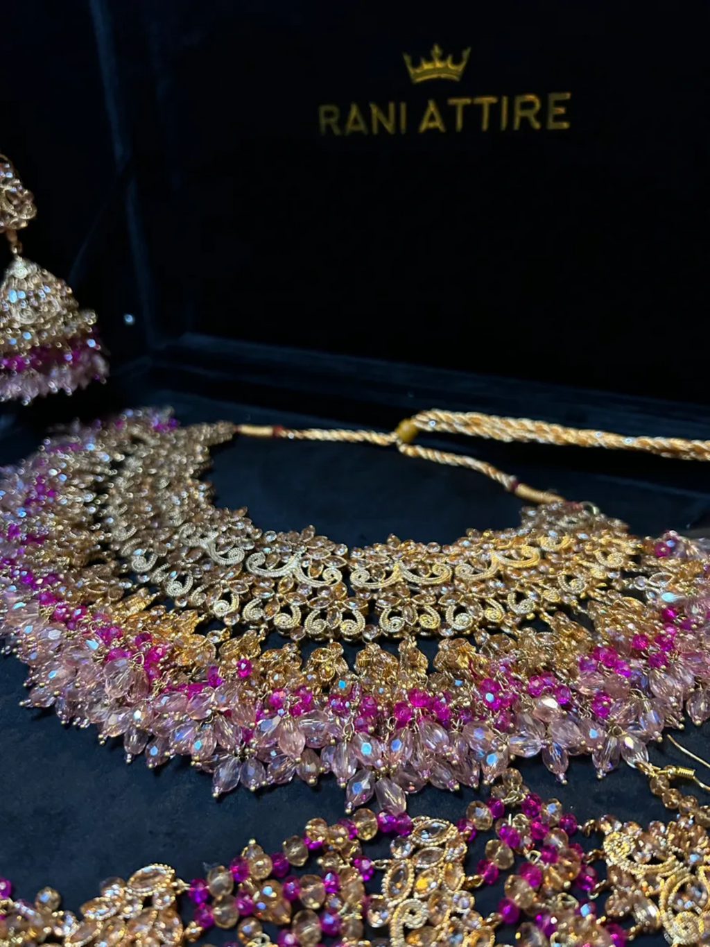 Luxury Hot & Baby Pink Gold Necklace set, with heavily beaded earrings & tikka. - Jewelsbyrani