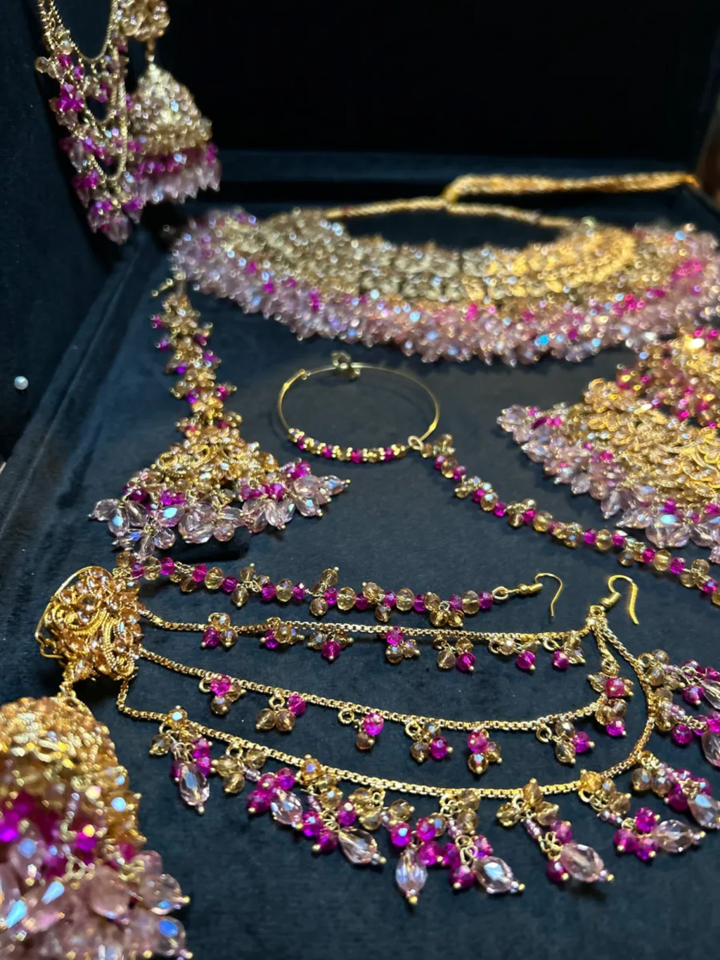 Luxury Hot & Baby Pink Gold Necklace set, with heavily beaded earrings & tikka. - Jewelsbyrani