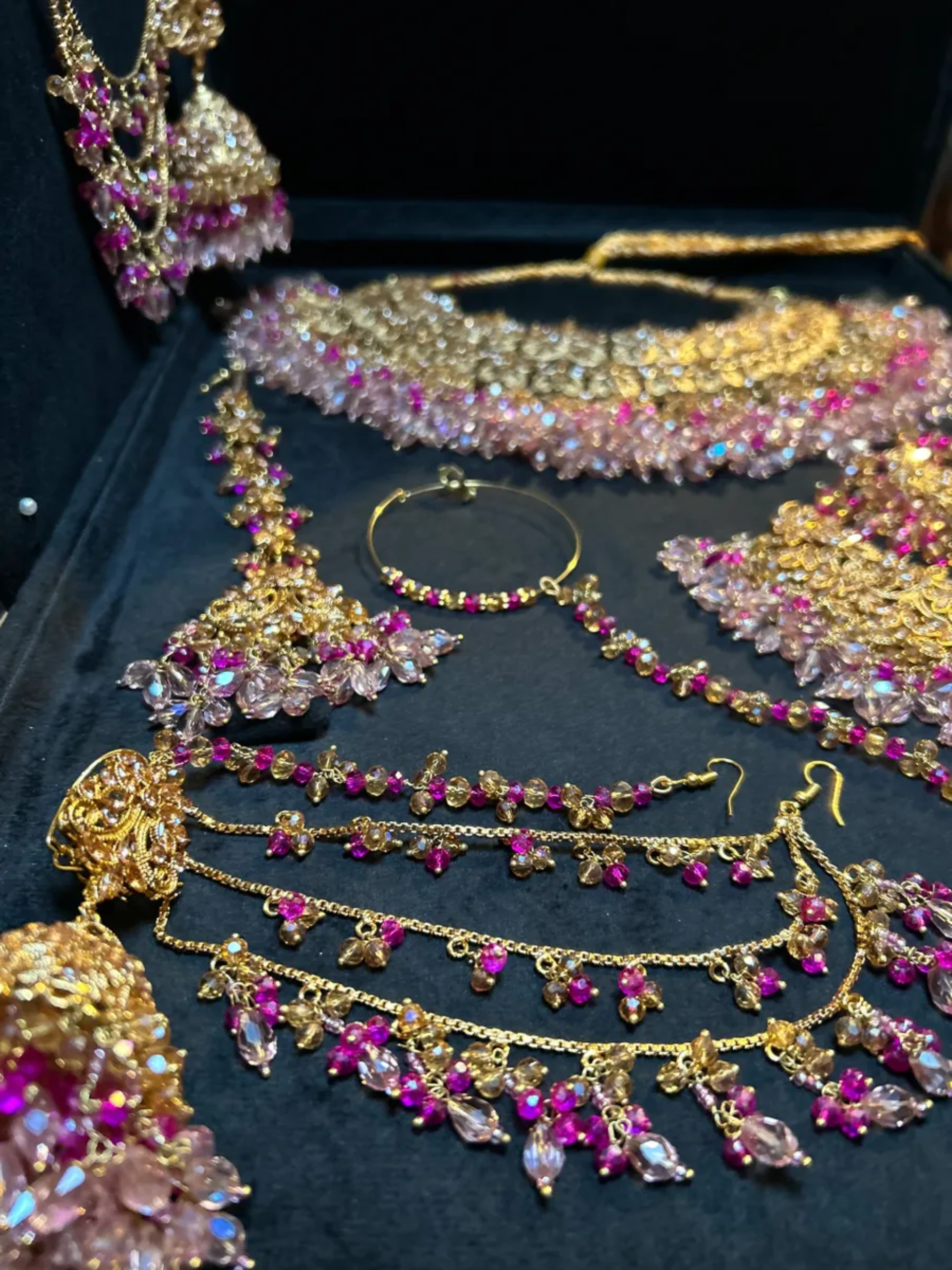 Luxury Hot & Baby Pink Gold Necklace set, with heavily beaded earrings & tikka.
