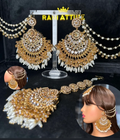 Gold Beautiful Chandelier Earrings & Tikka | Gold stones - Jewelsbyrani