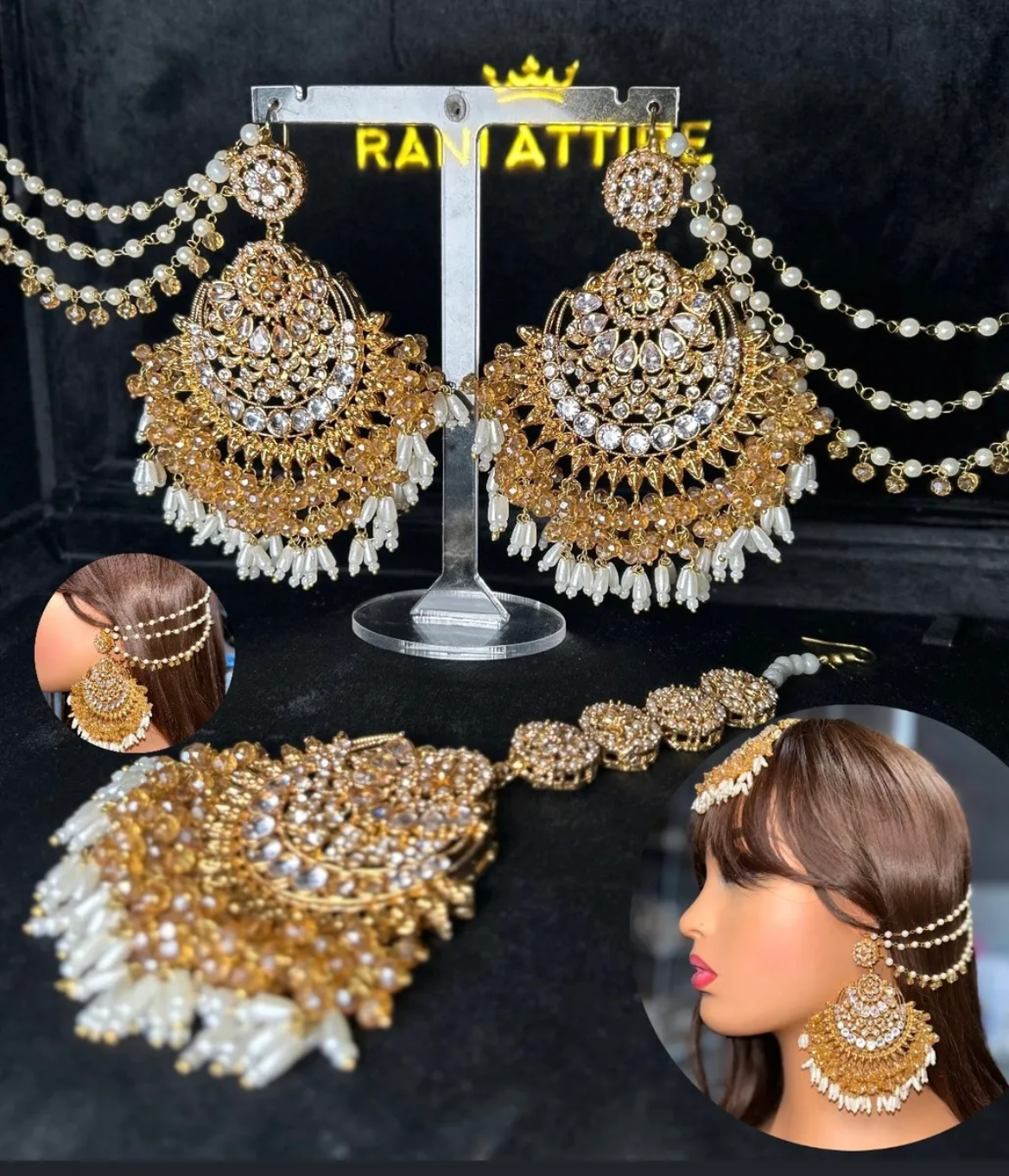 Gold Beautiful Chandelier Earrings & Tikka | Gold stones - Jewelsbyrani