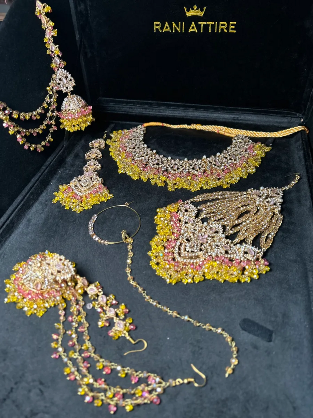 Yellow, Baby Pink & Gold coloured necklace set, with heavily beaded Jhumkies & tikka - Jewelsbyrani