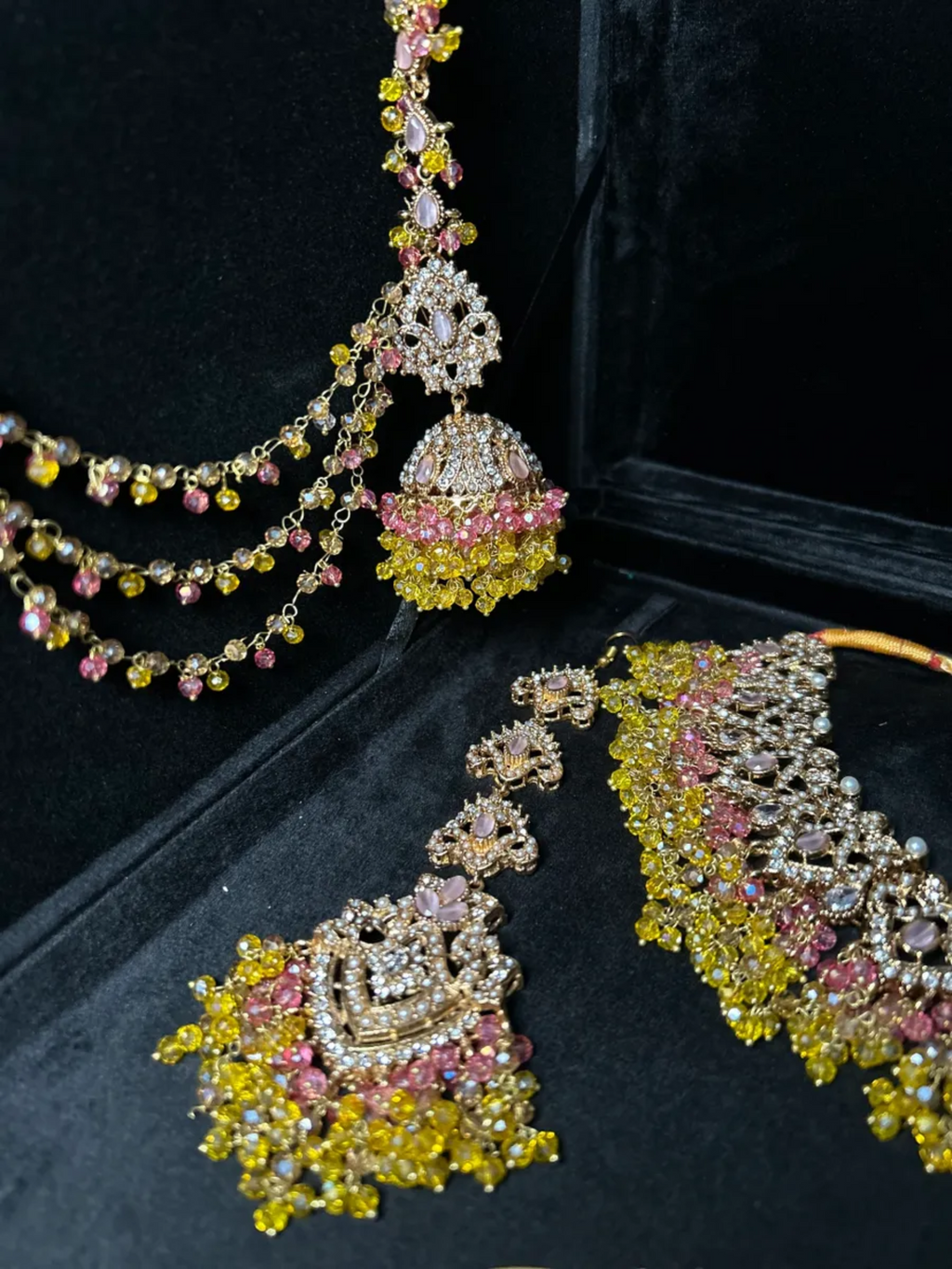 Yellow, Baby Pink & Gold coloured necklace set, with heavily beaded Jhumkies & tikka - Jewelsbyrani