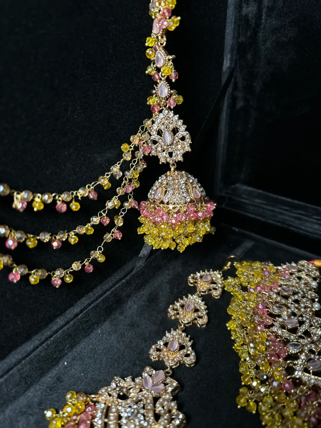 Yellow, Baby Pink & Gold coloured necklace set, with heavily beaded Jhumkies & tikka - Jewelsbyrani