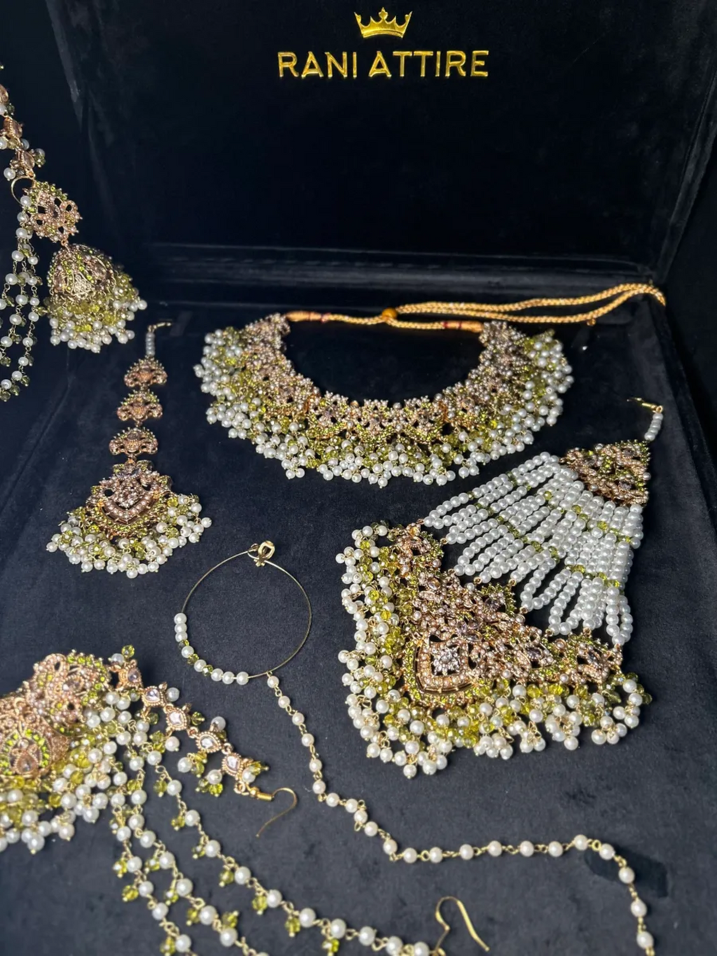 Olive Green, Pearly Gold coloured necklace set, with heavily beaded Jhumkies & tikka - Jewelsbyrani