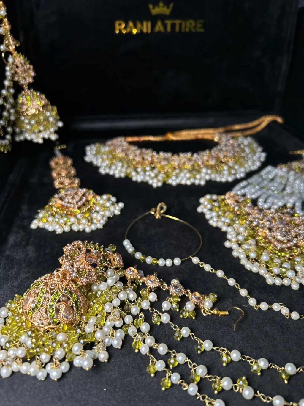 Olive Green, Pearly Gold coloured necklace set, with heavily beaded Jhumkies & tikka - Jewelsbyrani