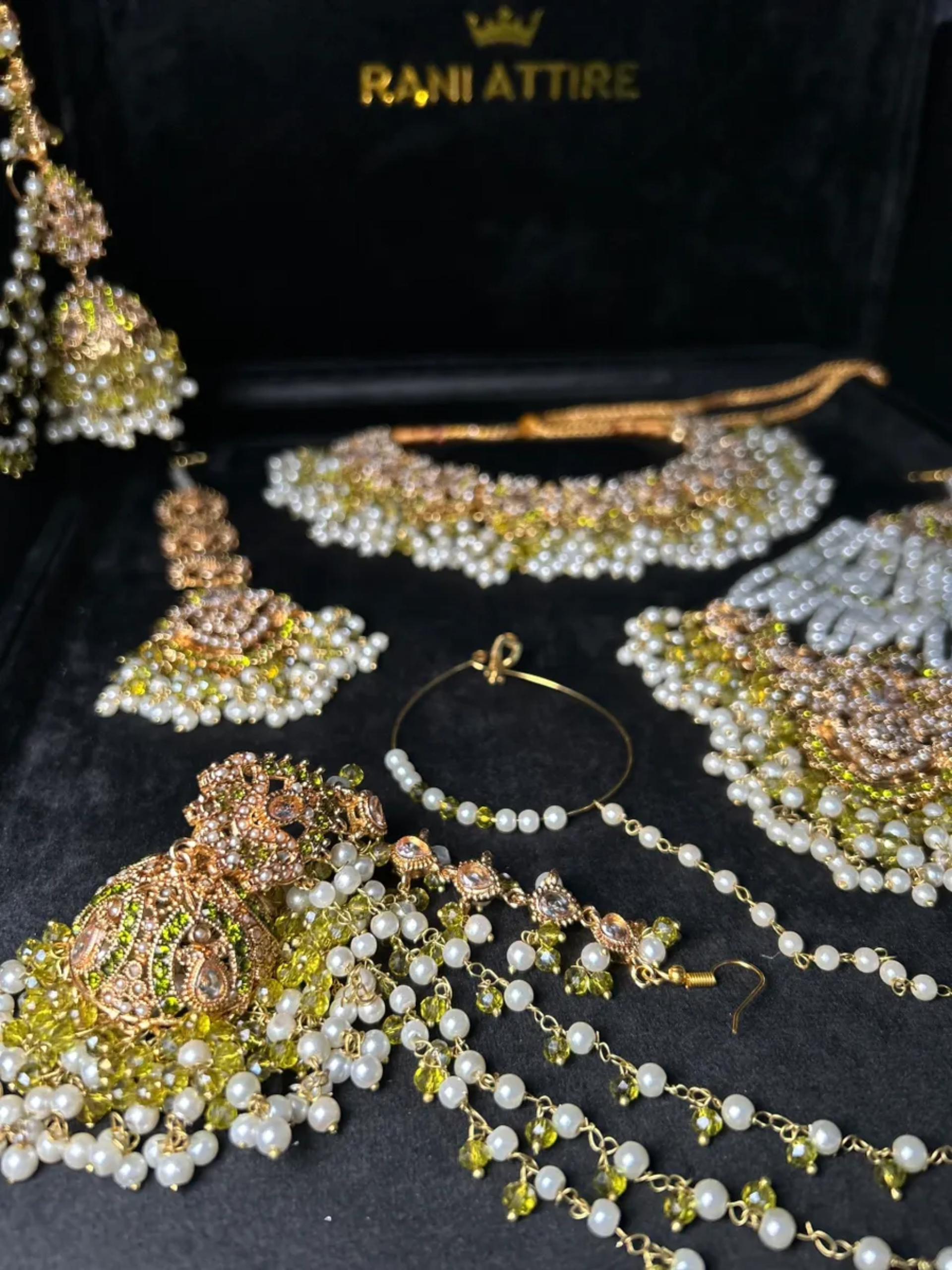 Olive Green, Pearly Gold coloured necklace set, with heavily beaded Jhumkies & tikka