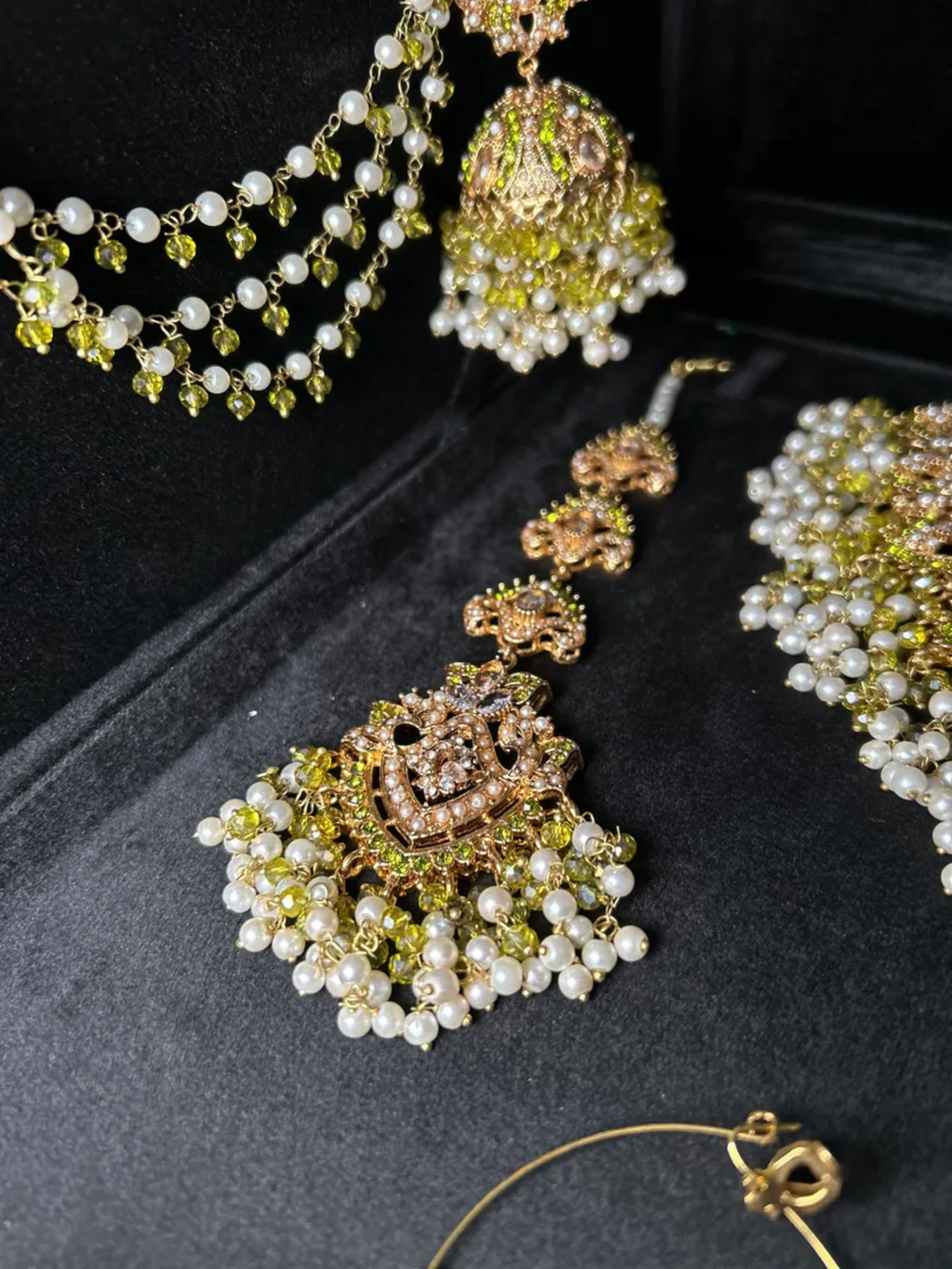Olive Green, Pearly Gold coloured necklace set, with heavily beaded Jhumkies & tikka - Jewelsbyrani