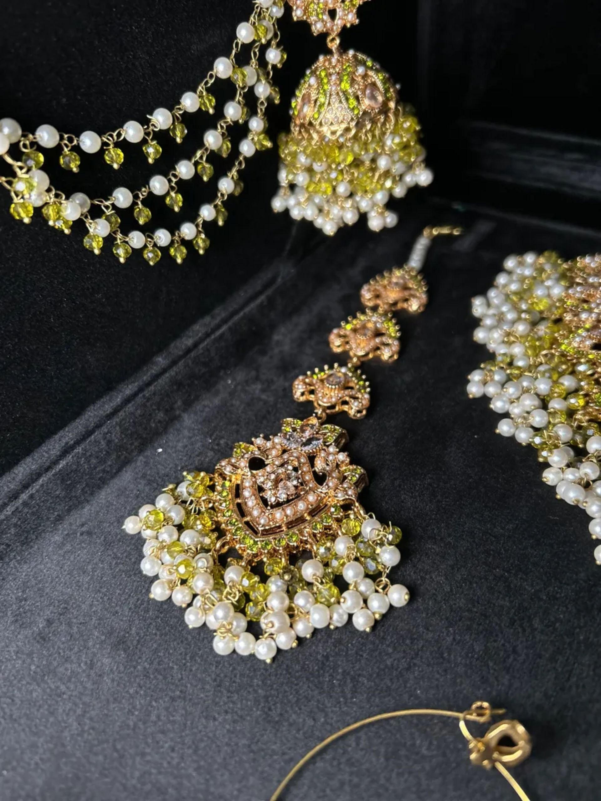 Olive Green, Pearly Gold coloured necklace set, with heavily beaded Jhumkies & tikka