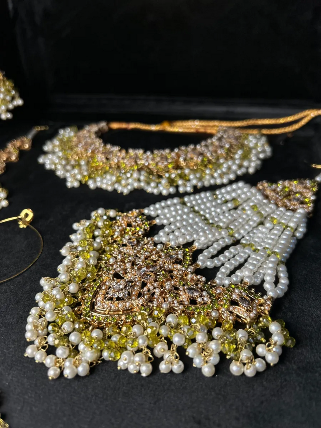 Olive Green, Pearly Gold coloured necklace set, with heavily beaded Jhumkies & tikka - Jewelsbyrani