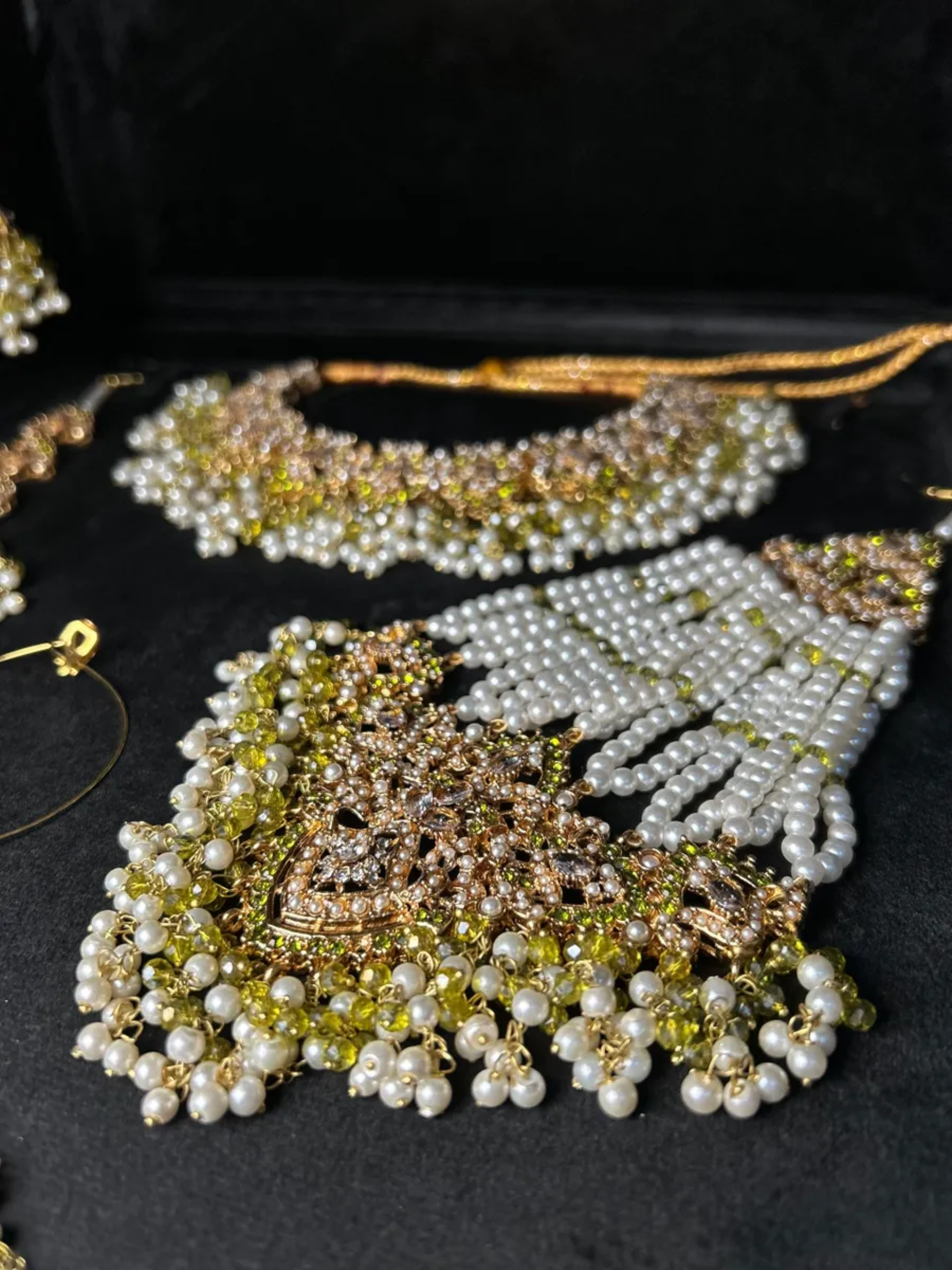 Olive Green, Pearly Gold coloured necklace set, with heavily beaded Jhumkies & tikka