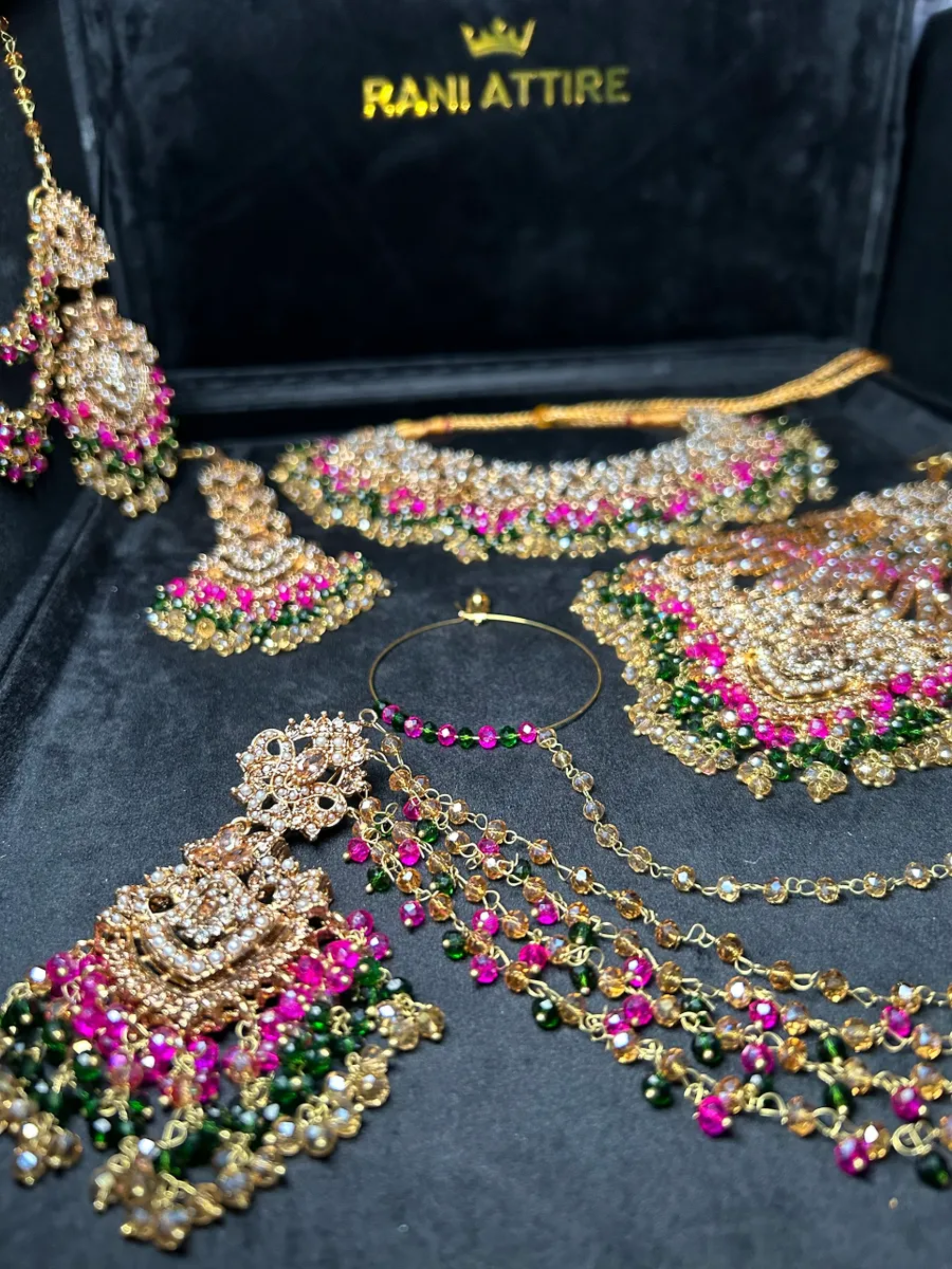 Green, Hot pink & Gold coloured necklace set, with heavily beaded Jhumkies & tikka