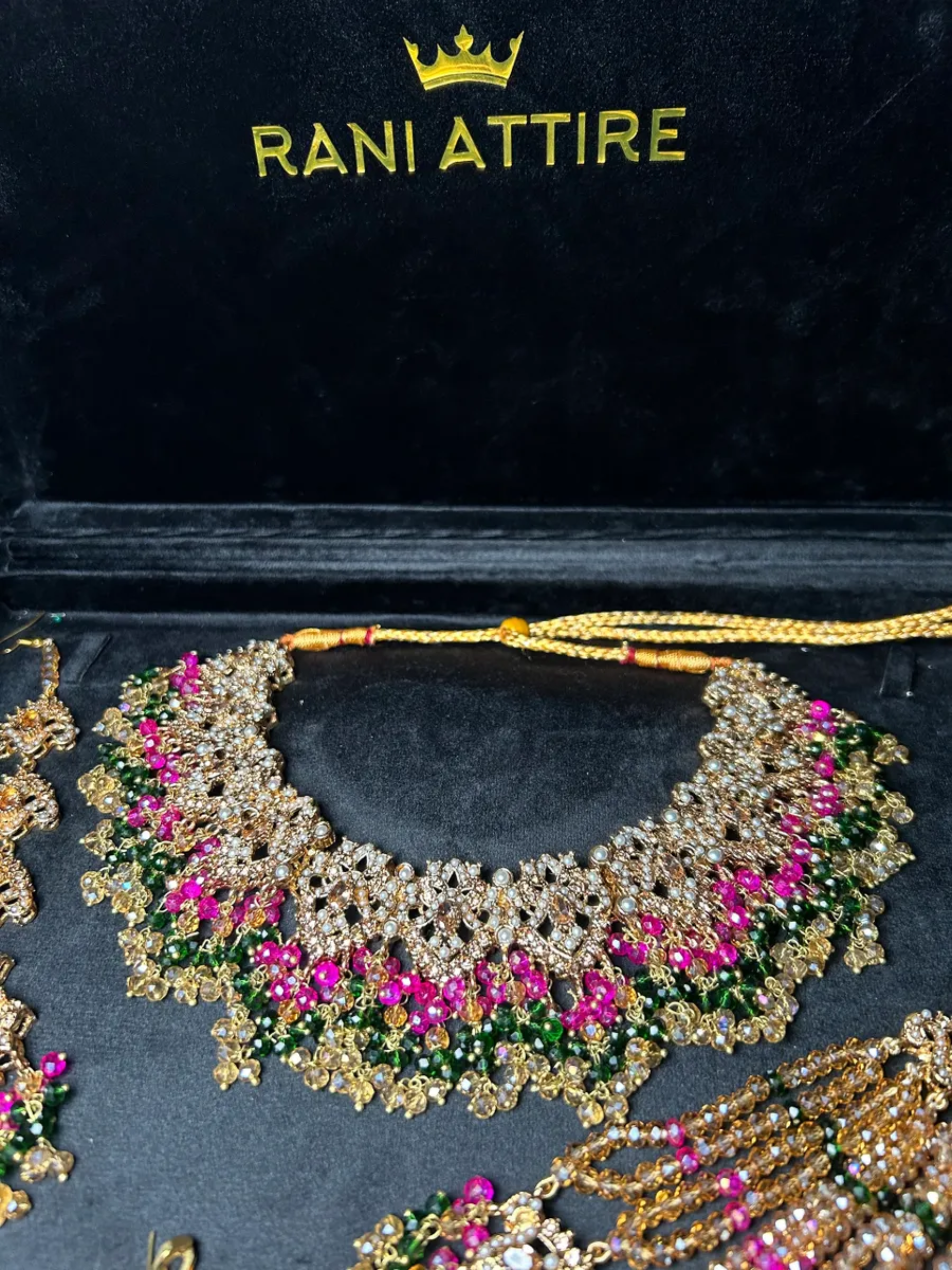 Green, Hot pink & Gold coloured necklace set, with heavily beaded Jhumkies & tikka