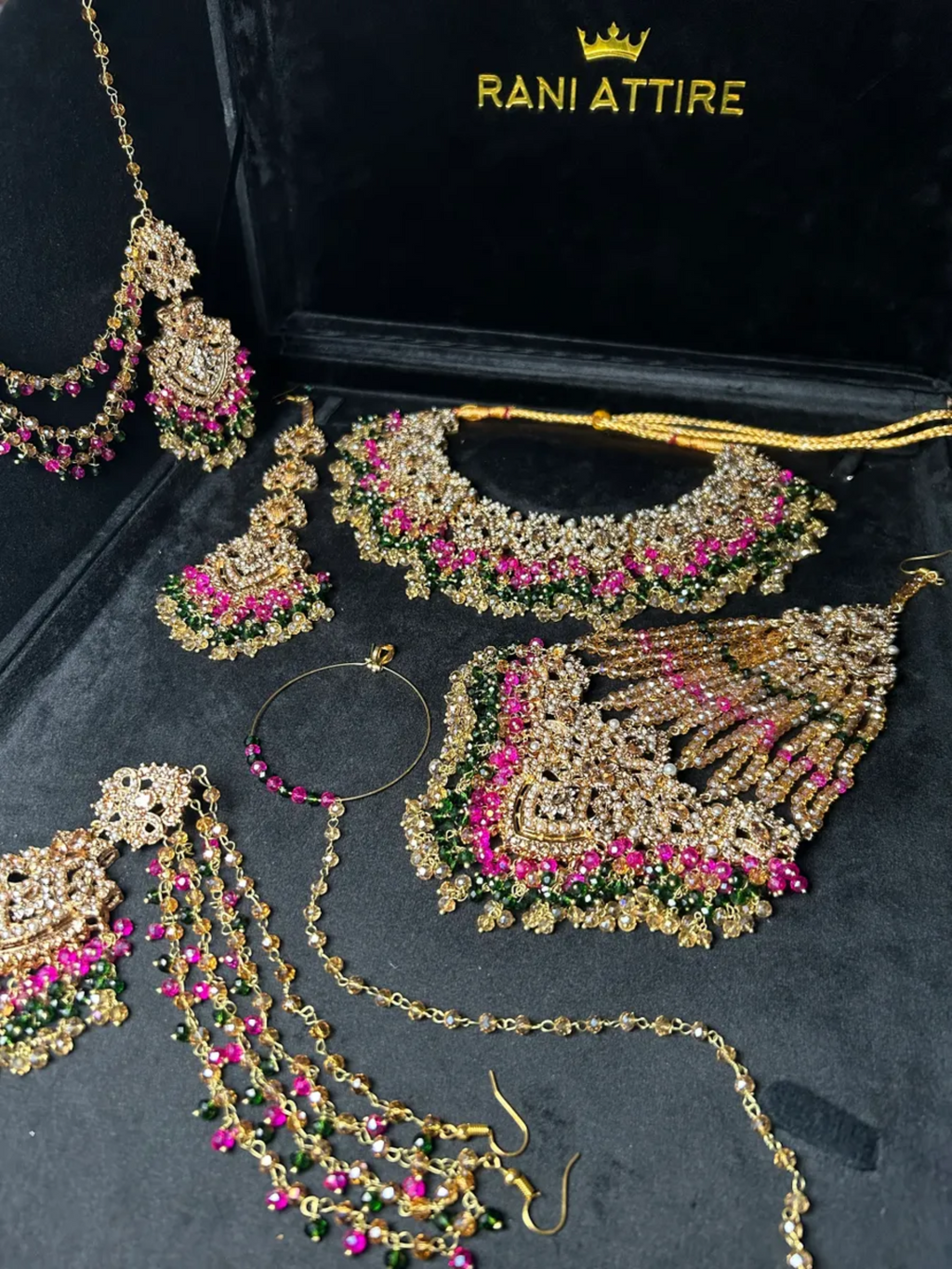 Green, Hot pink & Gold coloured necklace set, with heavily beaded Jhumkies & tikka - Jewelsbyrani