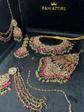 Green, Hot pink & Gold coloured necklace set, with heavily beaded Jhumkies & tikka - Jewelsbyrani
