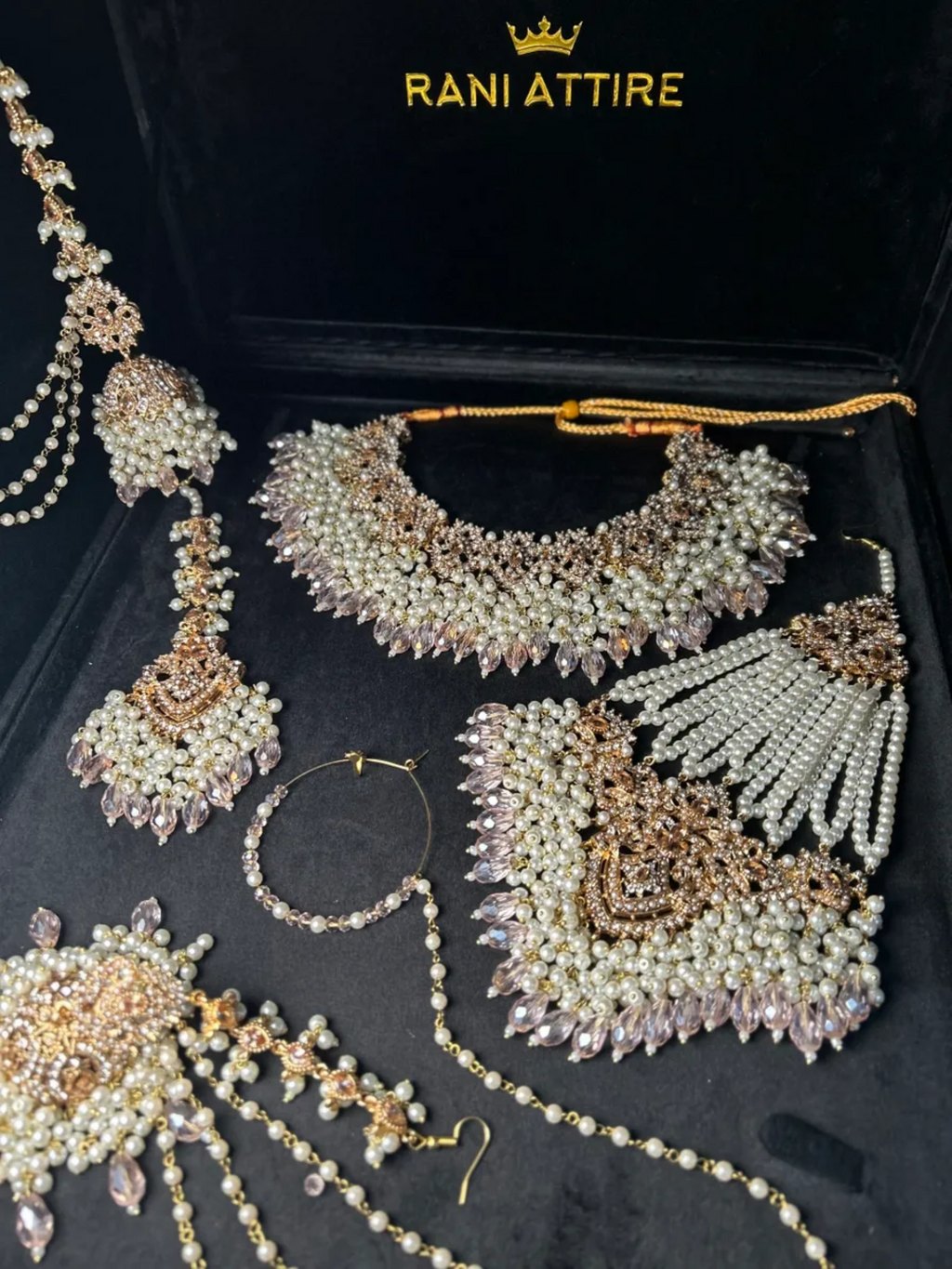Gold Necklace + baby pink Crystals with heavily beaded earrings & tikka - Jewelsbyrani