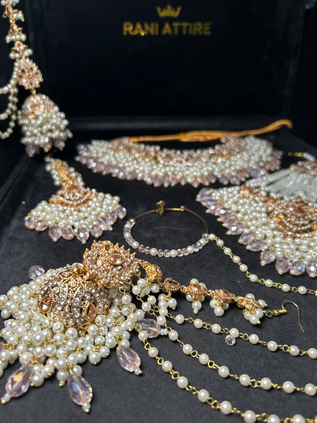 Gold Necklace + baby pink Crystals with heavily beaded earrings & tikka - Jewelsbyrani