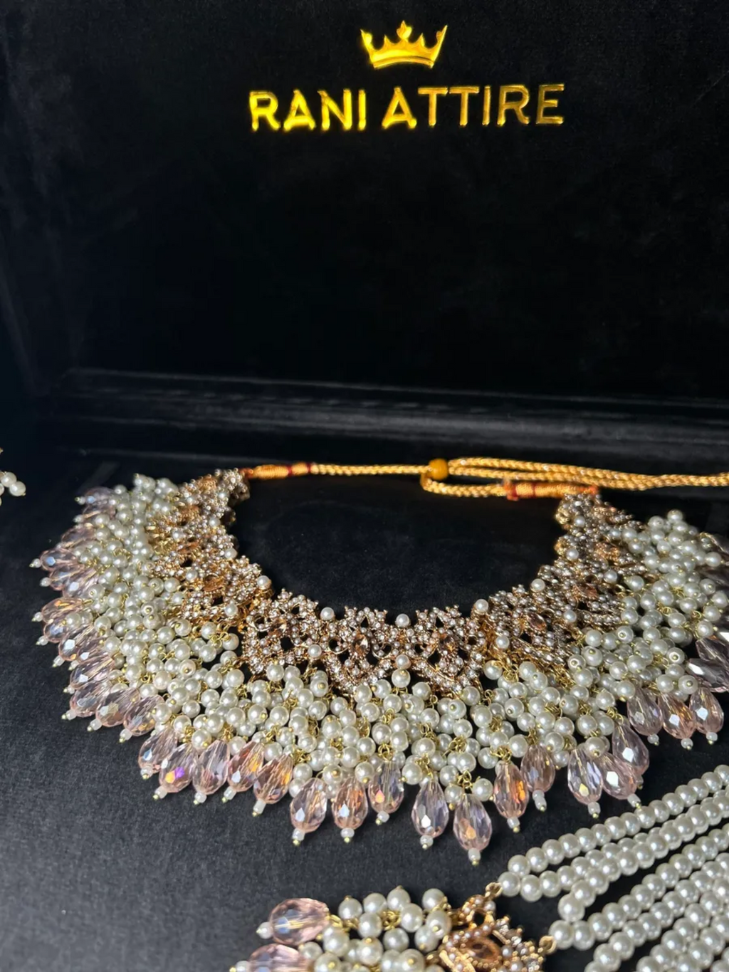 Gold Necklace + baby pink Crystals with heavily beaded earrings & tikka - Jewelsbyrani