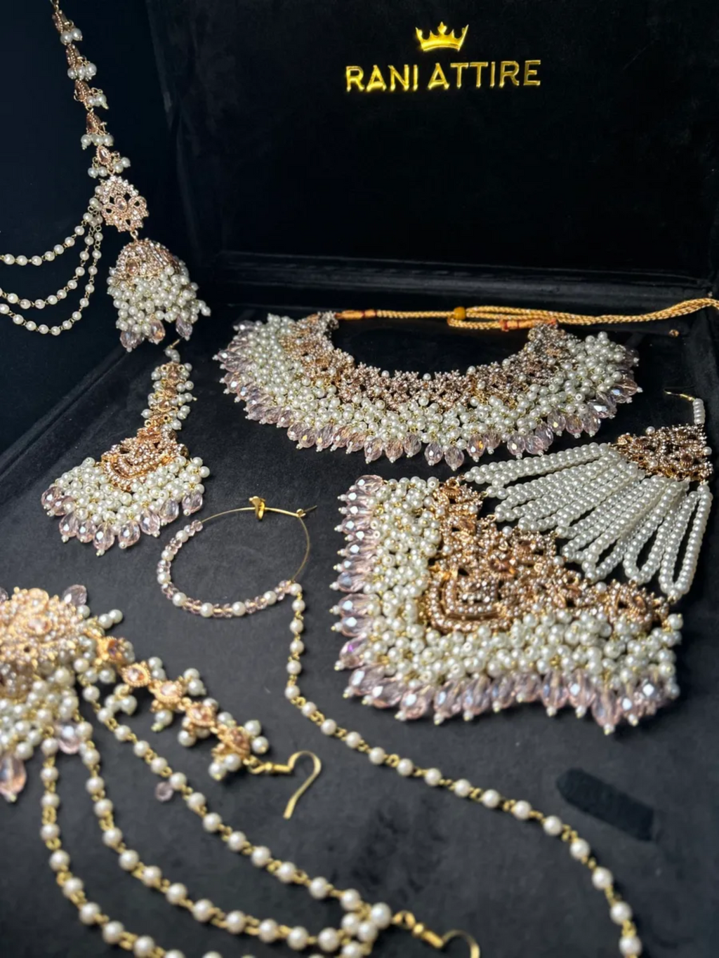 Gold Necklace + baby pink Crystals with heavily beaded earrings & tikka - Jewelsbyrani