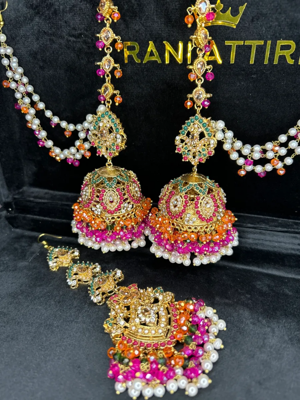 Orange, Hot Pink, Green & White Multi Coloured Jhumkes & Tikka Set with beaded Saharas - Jewelsbyrani