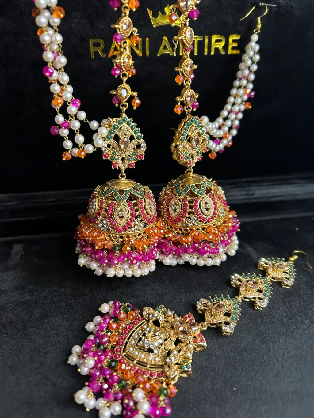 Orange, Hot Pink, Green & White Multi Coloured Jhumkes & Tikka Set with beaded Saharas - Jewelsbyrani