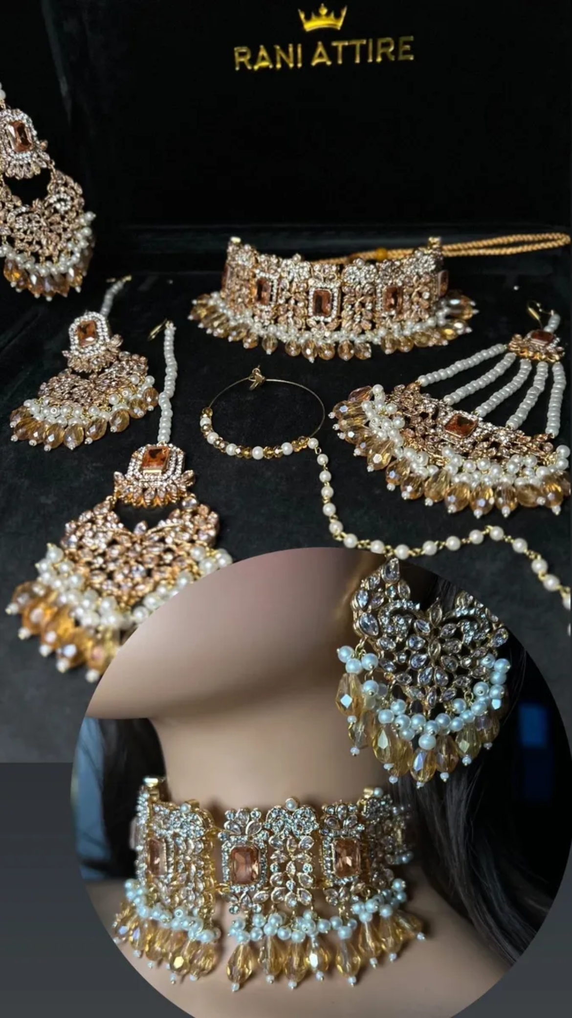 Gold, Pearly & Gold Crystals Choker necklace set, with heavily beaded earrings & tikka