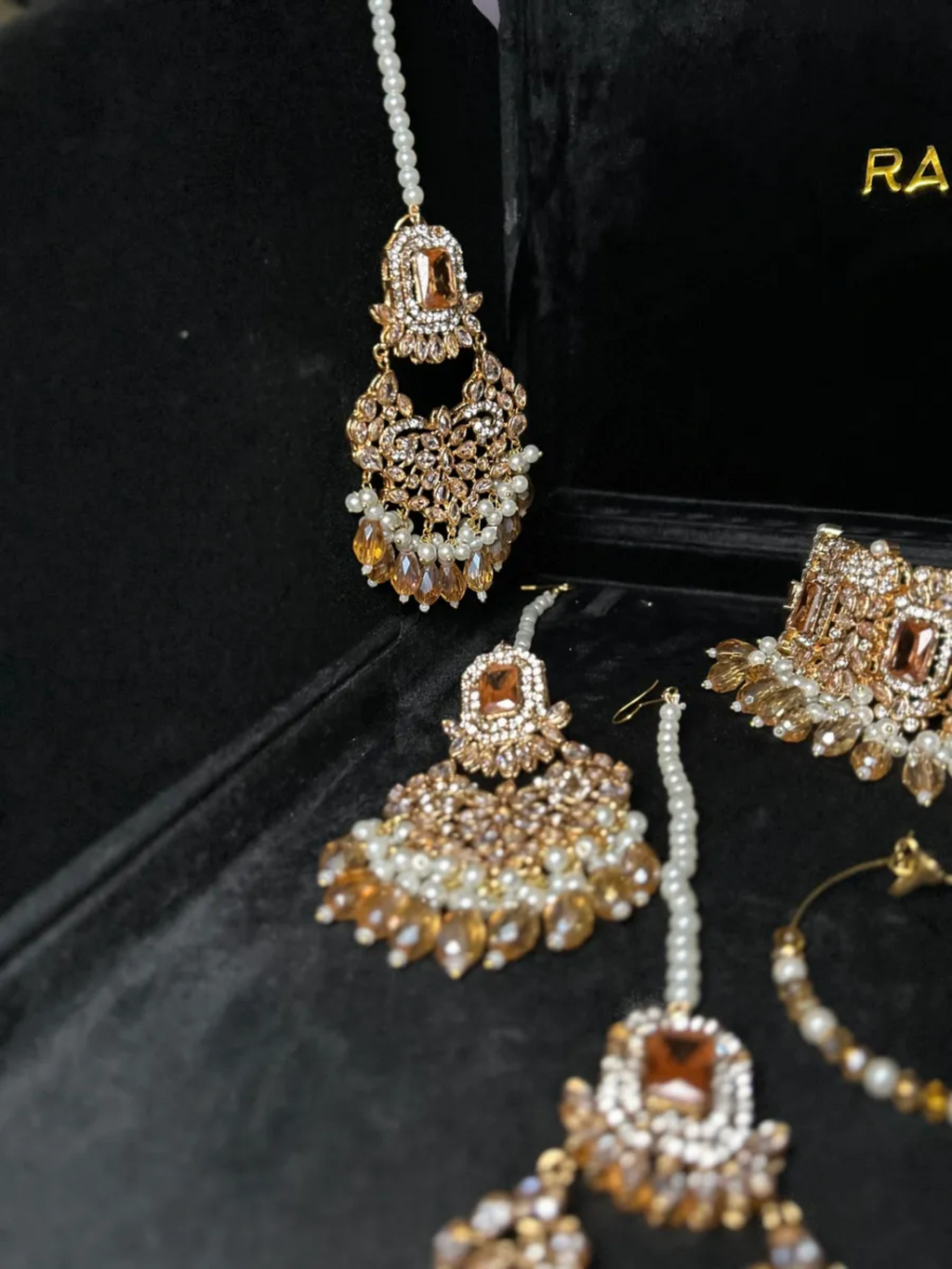 Gold, Pearly & Gold Crystals Choker necklace set, with heavily beaded earrings & tikka - Jewelsbyrani