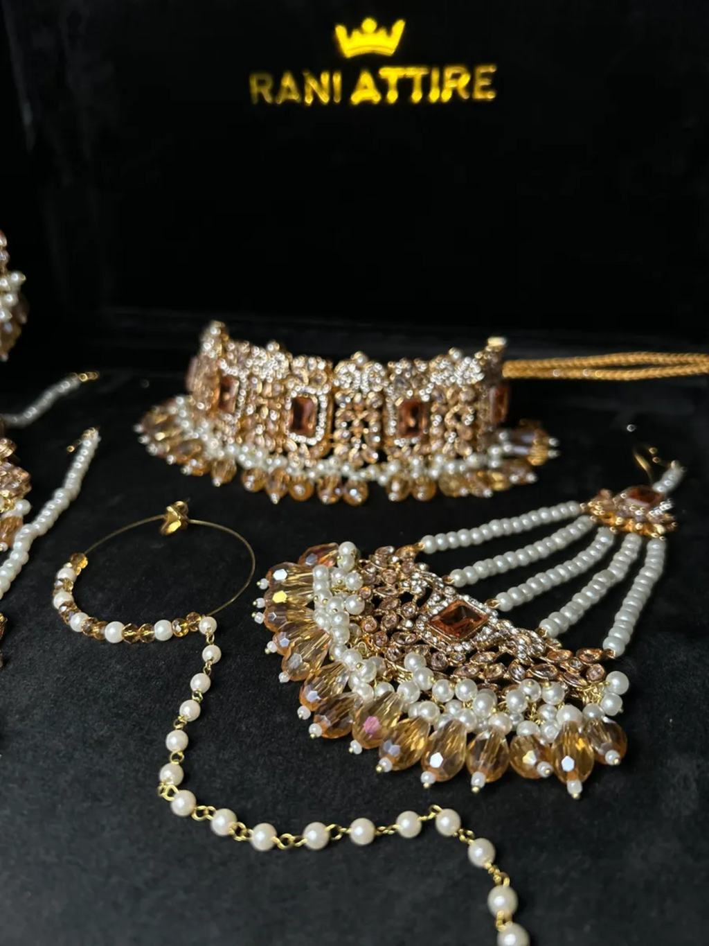 Gold, Pearly & Gold Crystals Choker necklace set, with heavily beaded earrings & tikka - Jewelsbyrani