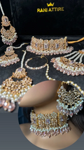 Gold, Pearly & Baby Pink Crystals Choker necklace set, with heavily beaded earrings & tikka - Jewelsbyrani