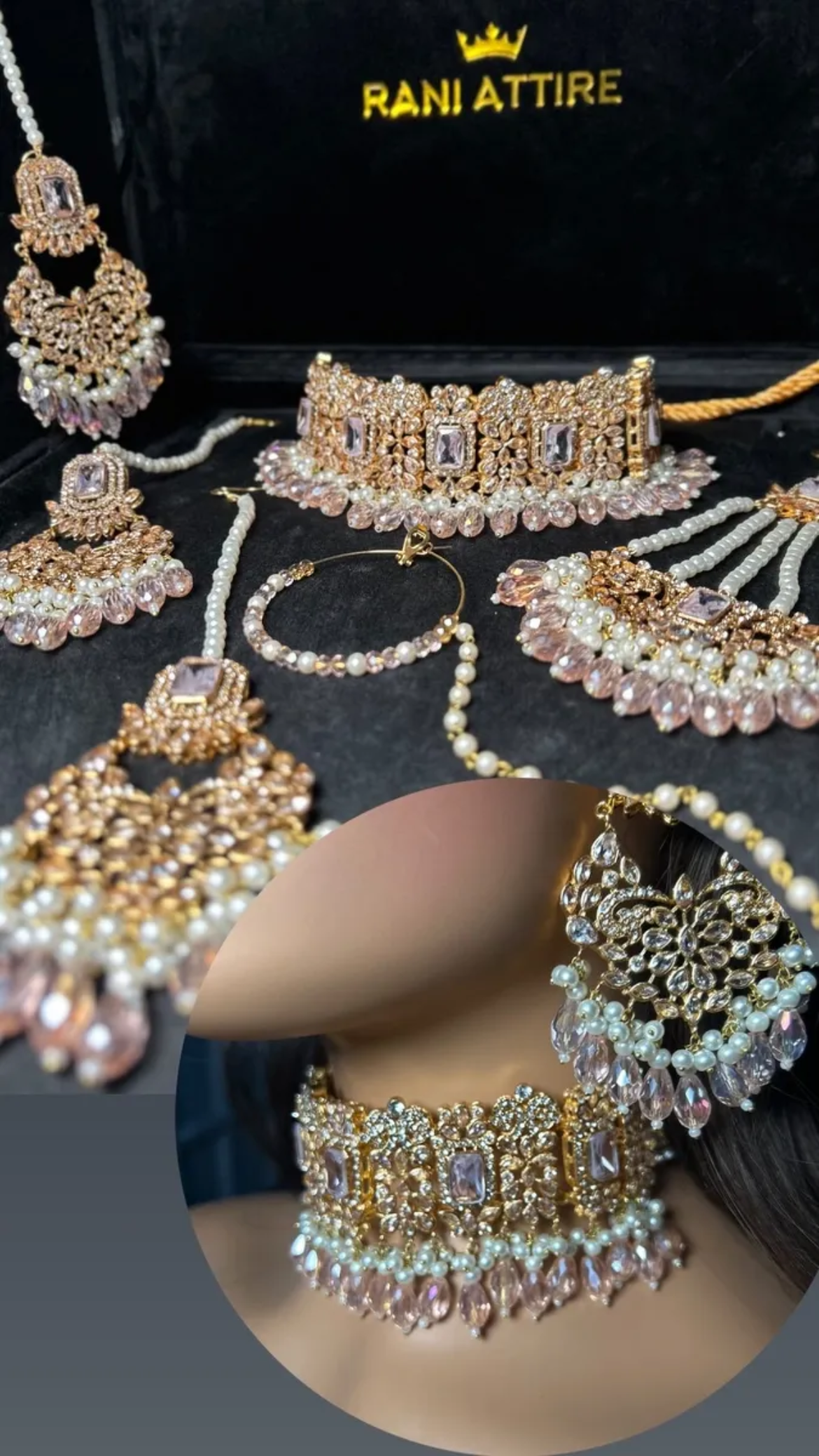 Gold, Pearly & Baby Pink Crystals Choker necklace set, with heavily beaded earrings & tikka