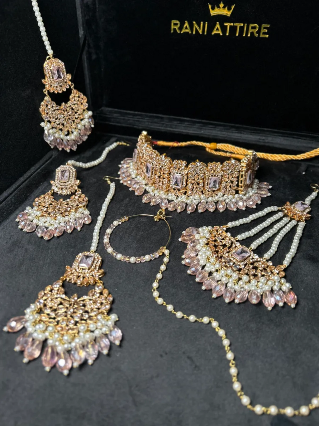 Gold, Pearly & Baby Pink Crystals Choker necklace set, with heavily beaded earrings & tikka - Jewelsbyrani