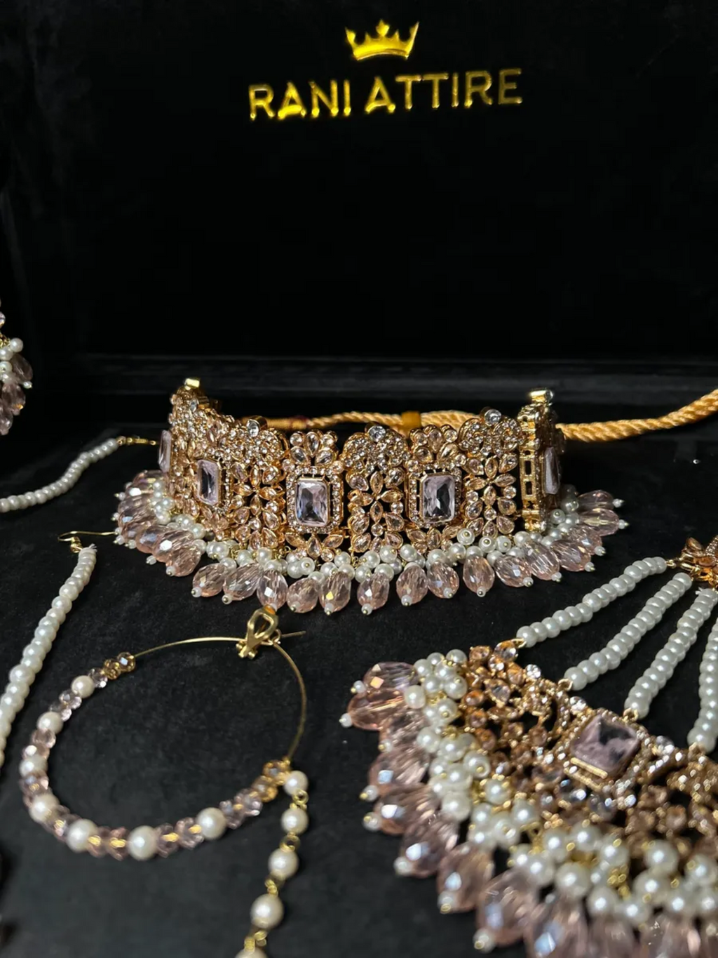 Gold, Pearly & Baby Pink Crystals Choker necklace set, with heavily beaded earrings & tikka - Jewelsbyrani