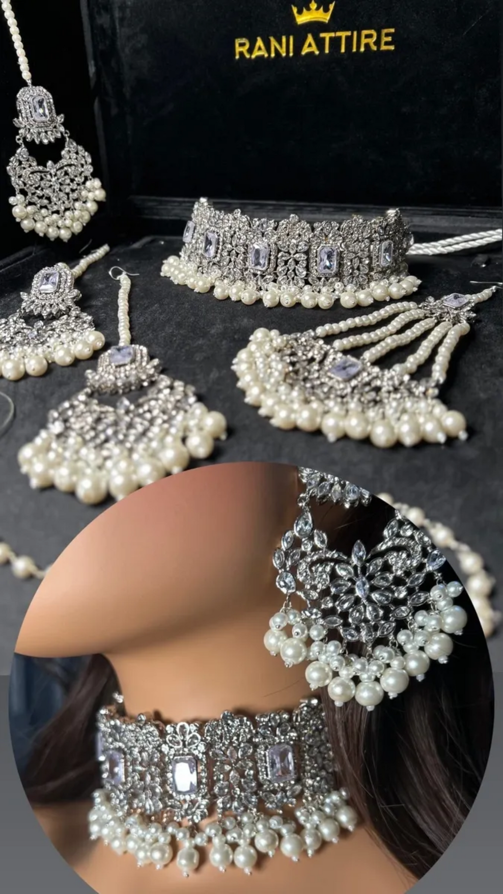 Pearly Silver Choker necklace set, with heavily beaded earrings & tikka - Jewelsbyrani