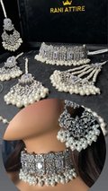 Pearly Silver Choker necklace set, with heavily beaded earrings & tikka - Jewelsbyrani
