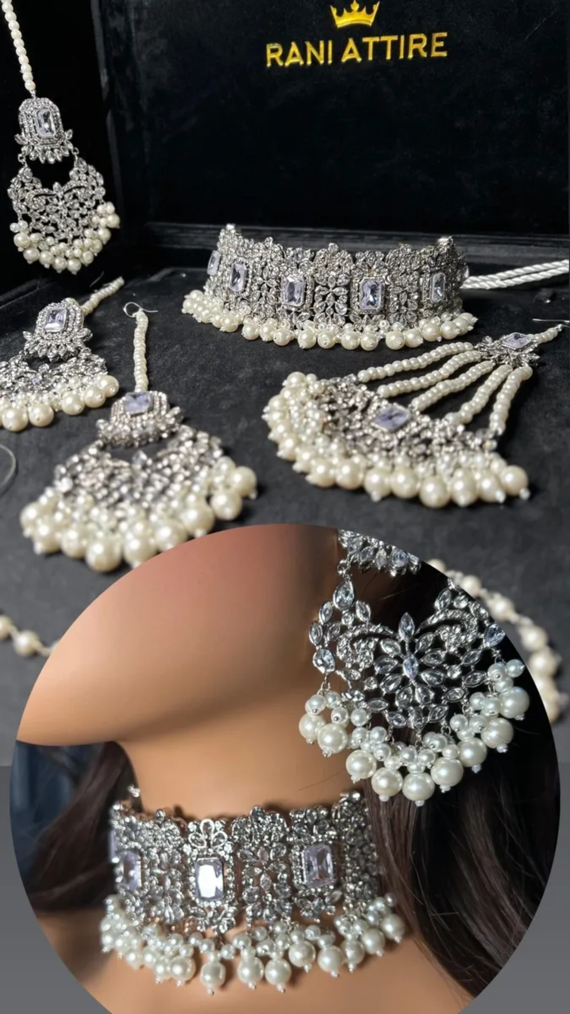 Pearly Silver Choker necklace set, with heavily beaded earrings & tikka