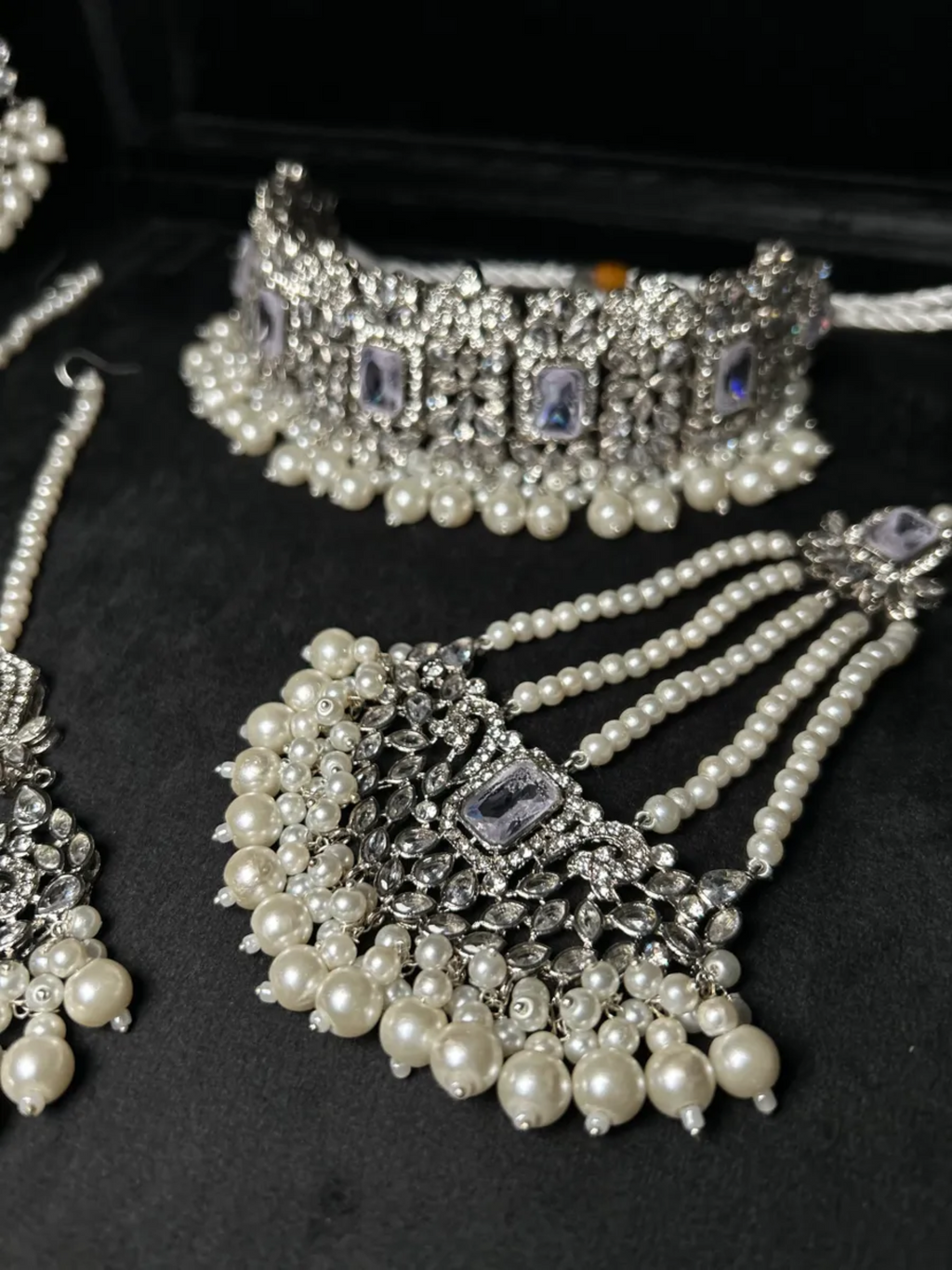Pearly Silver Choker necklace set, with heavily beaded earrings & tikka - Jewelsbyrani